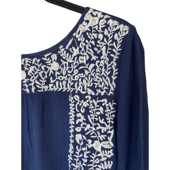 Anthropologie Skies Are Blue Sia Embroidered Peasant Top‎ Size SP Navy White - Picture 5 of 13
